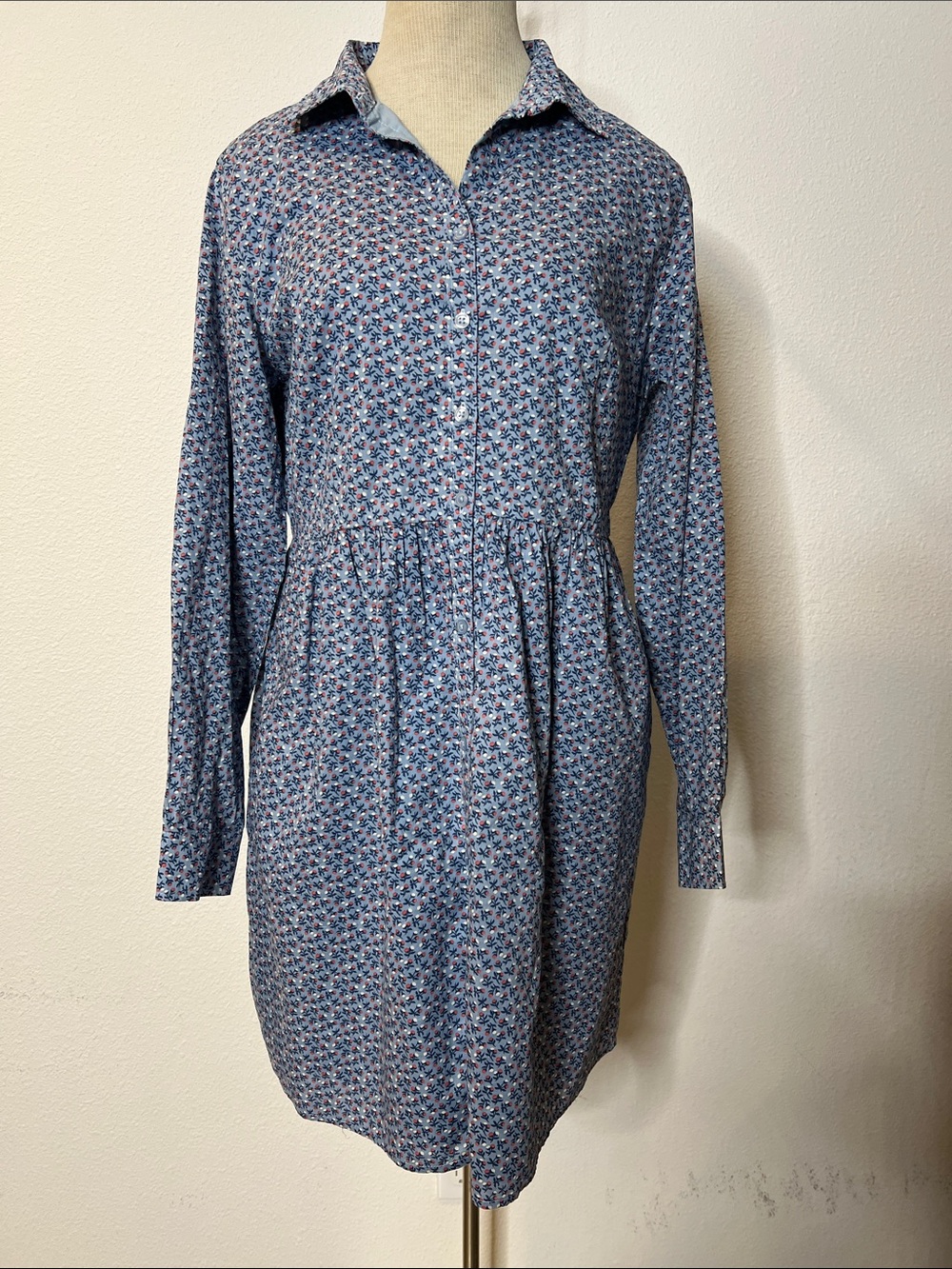 Hope & Henry Organic Cotton Blue Floral Button-Front Shirt Dress